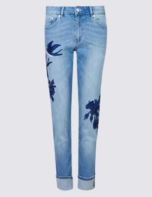 Embroidered Mid Rise Relaxed Slim Jeans